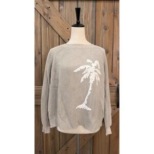Tommy Bahama Womens XL Palm Tree Ribbed Knit Sweater Beige Raglan Pullover
